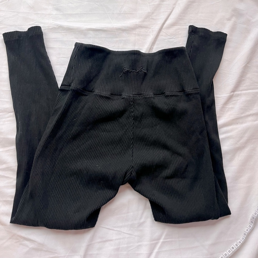 💛Victoria Secret Pink Yoga Medium - Ribbed Stretch Pants Black Embroidered Logo
